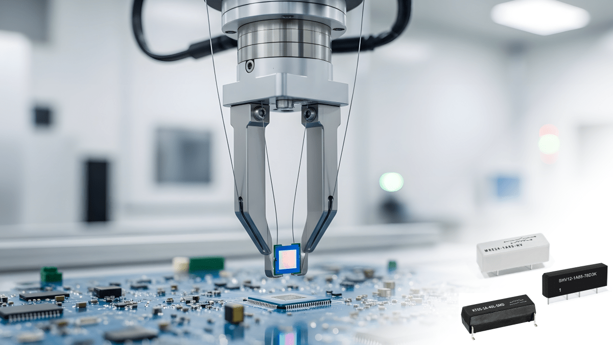 A robotic arm with precise grippers, using Standex Detect technology, places a microchip onto a blue circuit board in a clean, high-tech lab. Three types of electronic components are displayed in the lower right corner on a white background. by Standex Detect
