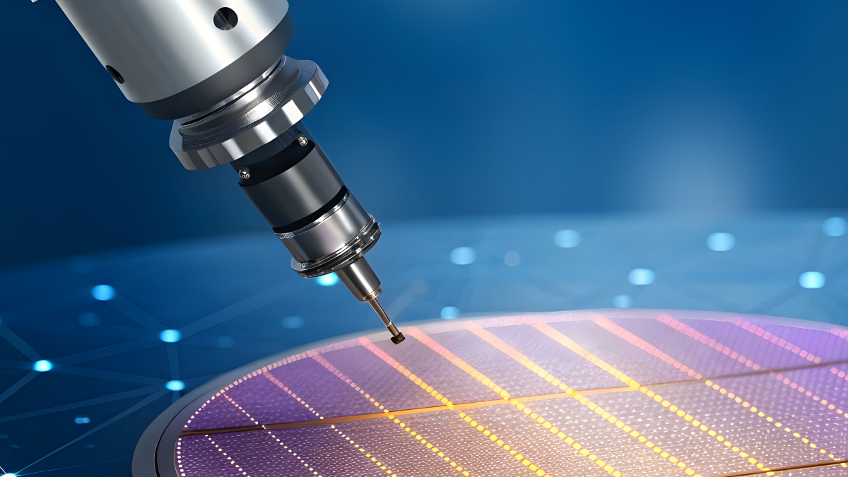 A close-up of a robotic arm or precision tool, like those powered by Standex Detect, working on a silicon wafer with colorful microchips, representing advanced semiconductor manufacturing technology. by Standex Detect