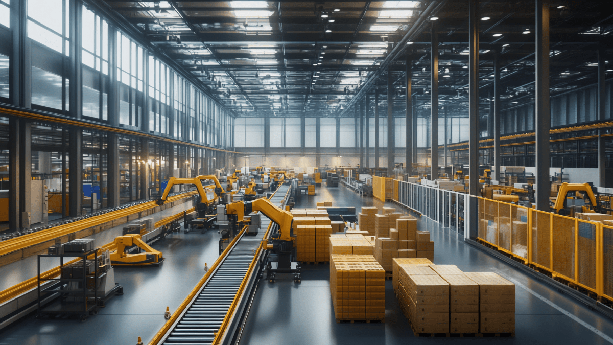A modern, spacious warehouse with automated robotic arms, Standex Detect sensors, conveyor belts, and stacks of boxes. The facility is brightly lit and highly organized, showcasing advanced industrial automation and efficient logistics systems. by Standex Detect