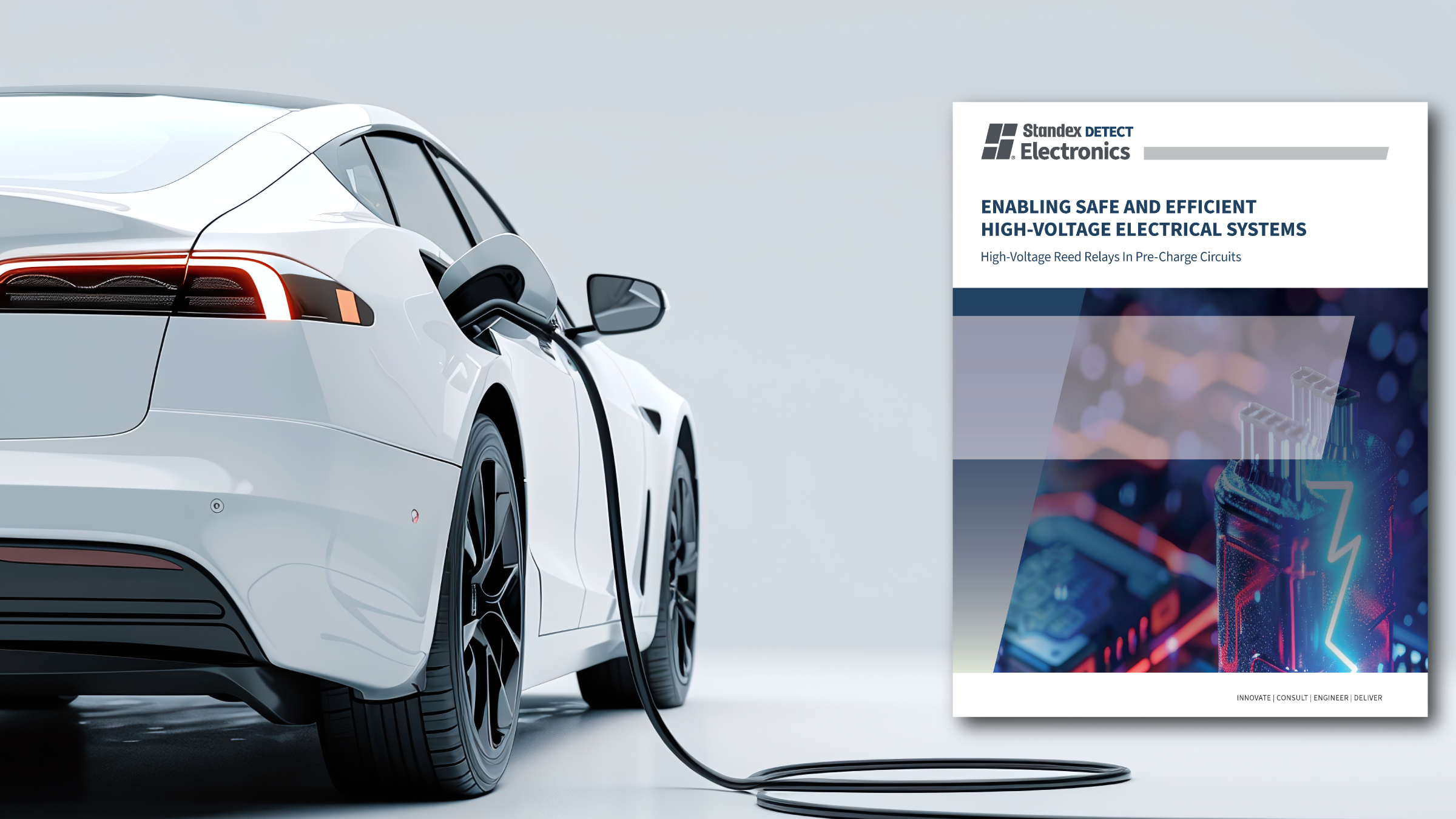A white electric car charges at a station. Next to it, a brochure cover for Standex Electronics highlights Standex Detect technology for enabling safe, efficient high-voltage electrical systems, featuring a relay circuit image. by Standex Detect