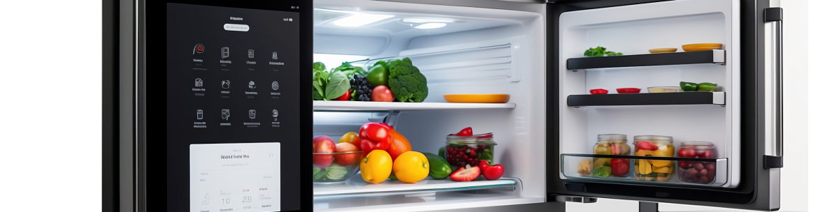 An open refrigerator with a touchscreen display shows shelves stocked with assorted fresh vegetables, fruits, and jars of preserves. The fridge door also holds jars and small containers of food. by Standex Detect