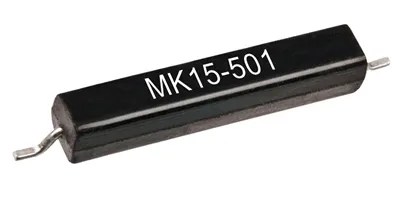 A black rectangular electronic component labeled MK15-501 from Standex, featuring two metal leads for through-hole mounting on circuit boards, commonly used in Proximity Sensors applications. by Standex Detect
