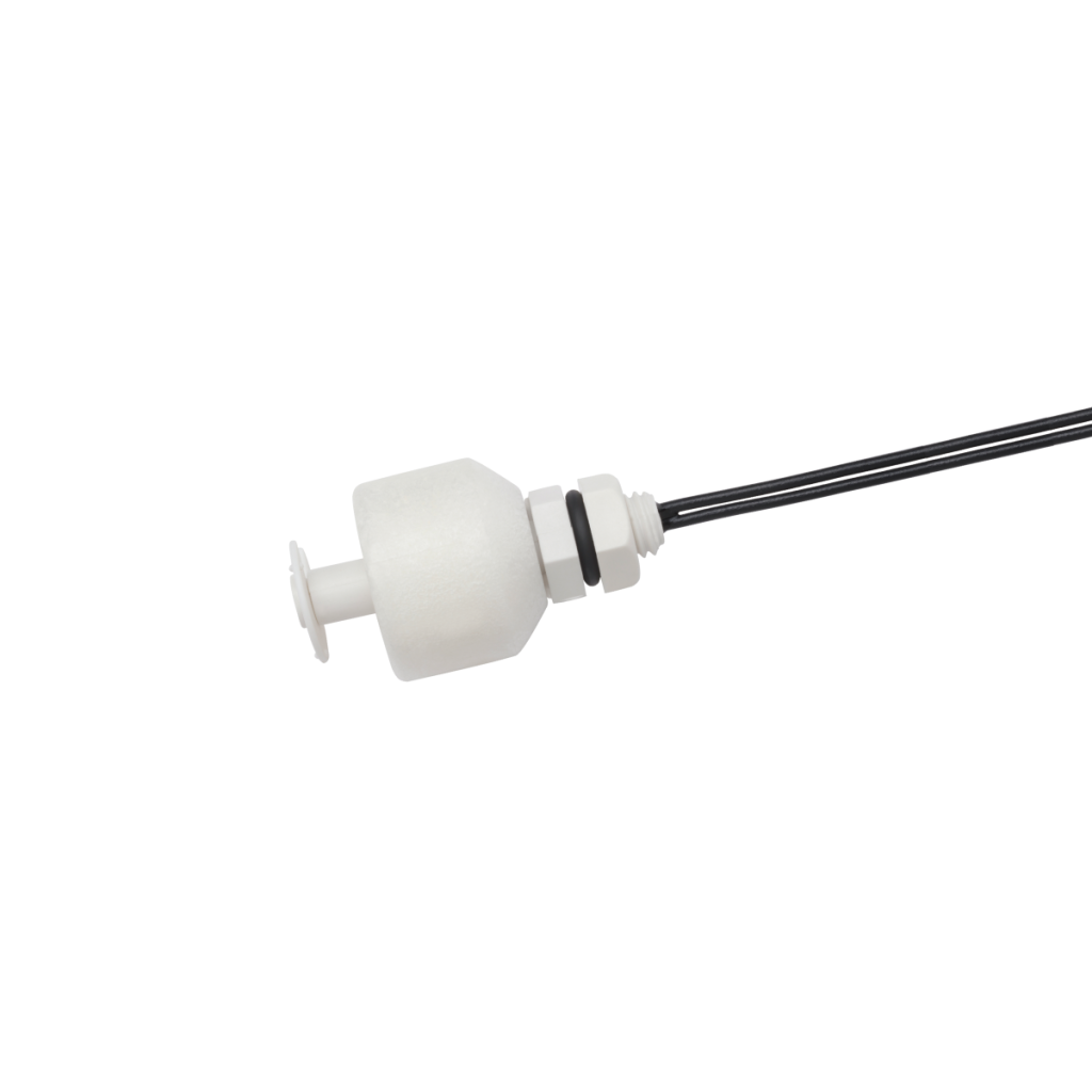 A white LS01 Series liquid level sensor with a cylindrical foam float attached to a thin black wire, shown against a plain white background. by Standex Detect