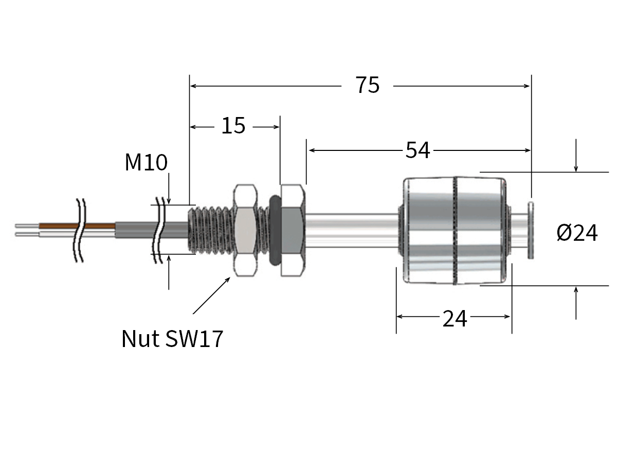 Technical drawing of the LS02-S Series Liquid Level Sensor, cylindrical with labeled dimensions: total length 75 mm, diameter 24 mm, main body 24 mm, threaded section M10, nut size SW17. Detailed measurements shown in millimeters. by Standex Detect