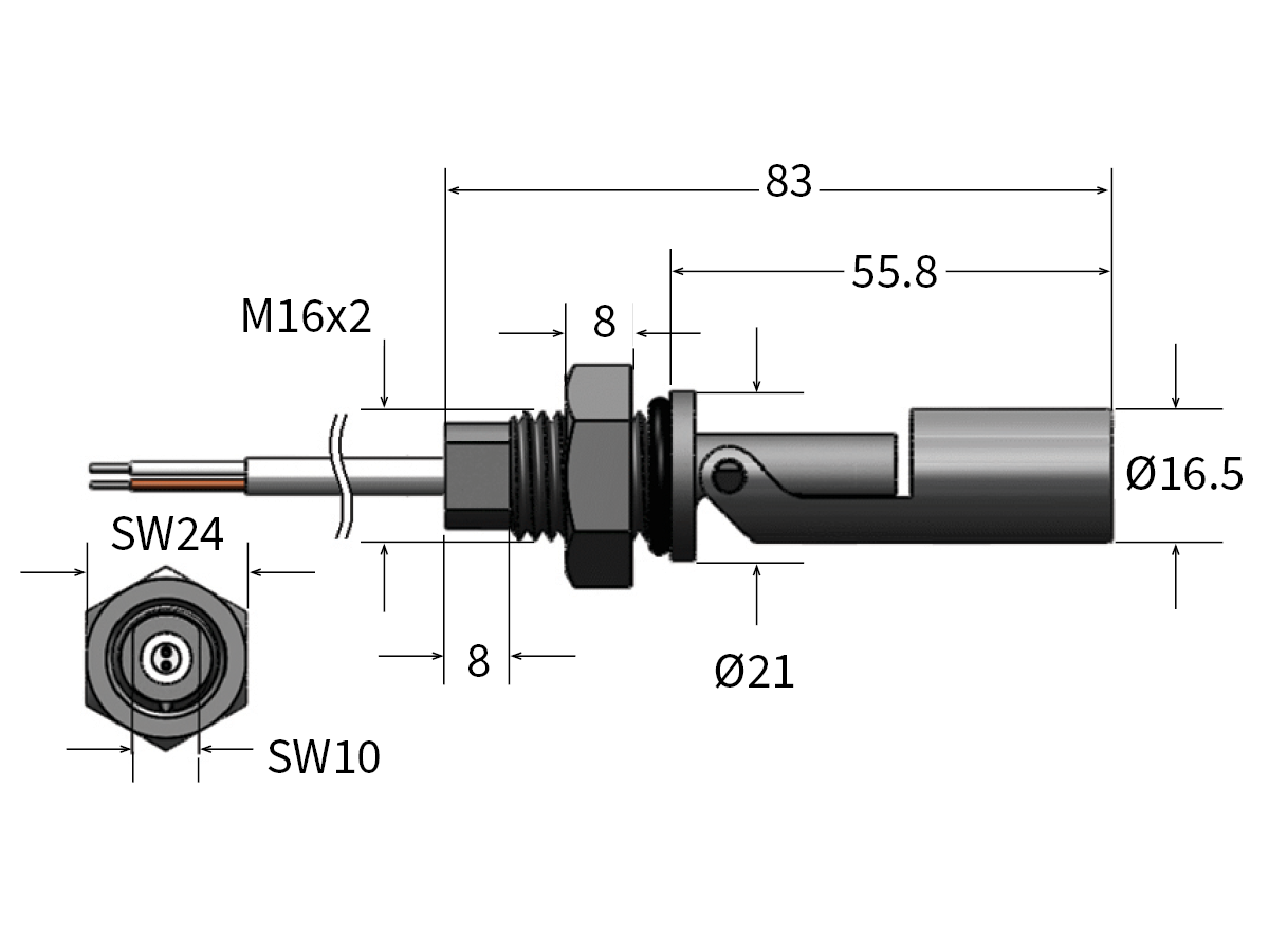 Technical drawing of an LS03 Series Liquid Level Sensor: cylindrical body, 83 mm length, 21 mm body diameter, 16.5 mm tip diameter, M16x2 thread, SW24 and SW10 hex sizes, with various 8 mm section lengths. by Standex Detect
