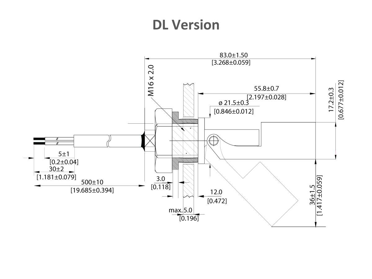Technical drawing labeled DL Version showing a side view of an LS03 Series Liquid Level Sensor, a cylindrical mechanical component with detailed dimensions, threaded sections, and tolerance values in millimeters. by Standex Detect