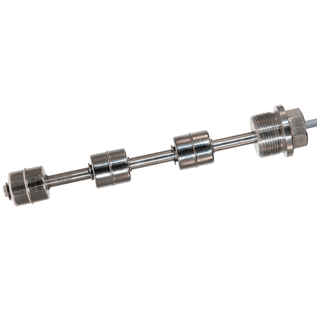 A metal LS05 Series liquid level sensor with cylindrical floats and a threaded end, designed for precise detection of liquid levels in tanks or containers. by Standex Detect