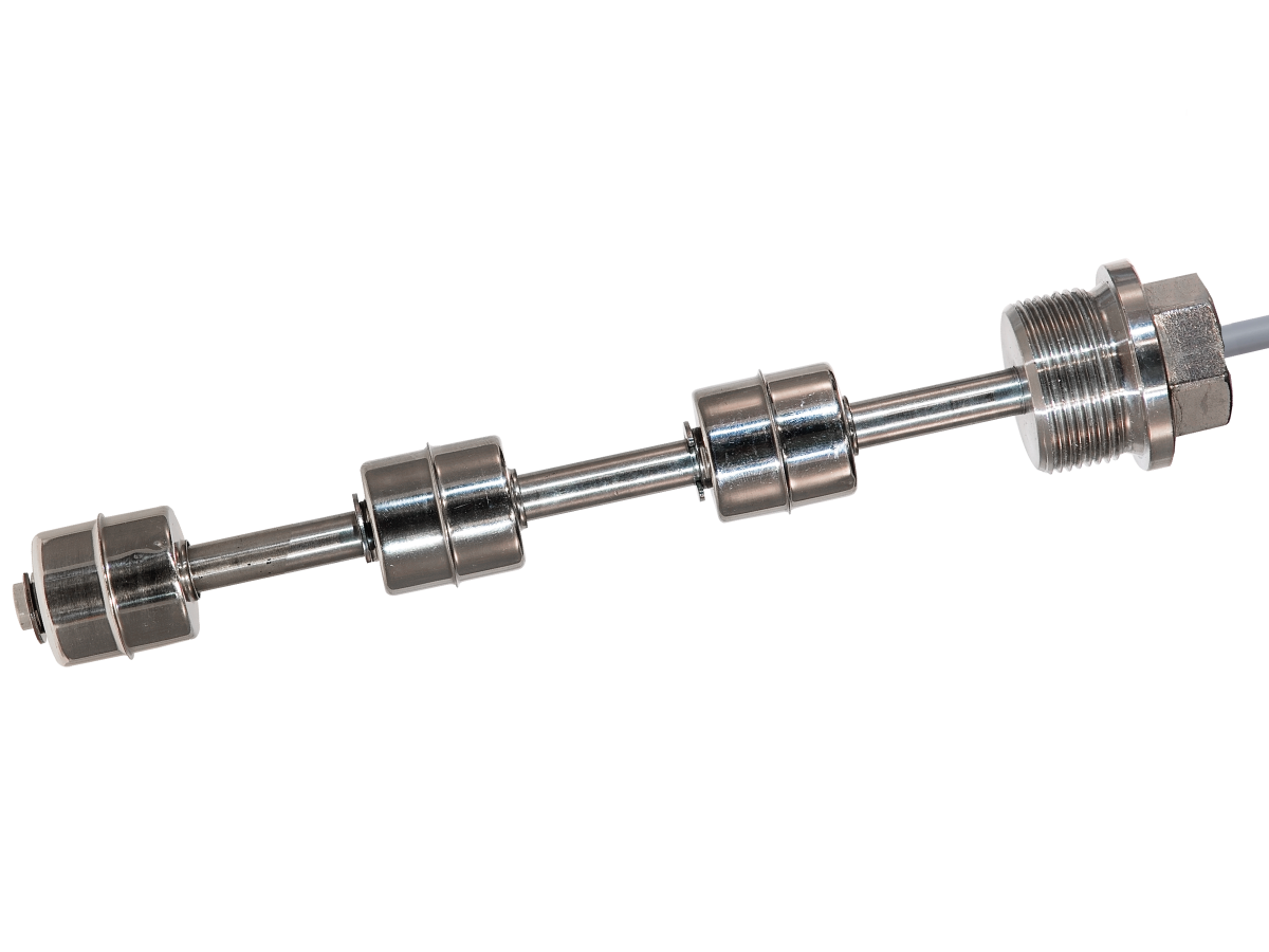 The LS05 Series Liquid Level Sensor features stainless steel cylindrical floats and a threaded fitting, ideal for detecting liquid levels in tanks or containers. It has two float switches mounted on a metal rod for accurate monitoring. by Standex Detect