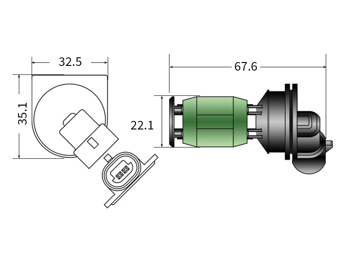 Technical drawing of a cylindrical electrical connector, ideal for Liquid Level Sensor applications, showing top and side views with dimensions: 35.1 mm height, 32.5 mm width, 67.6 mm length, and 22.1 mm diameter; visible pins and plug included. by Standex Detect