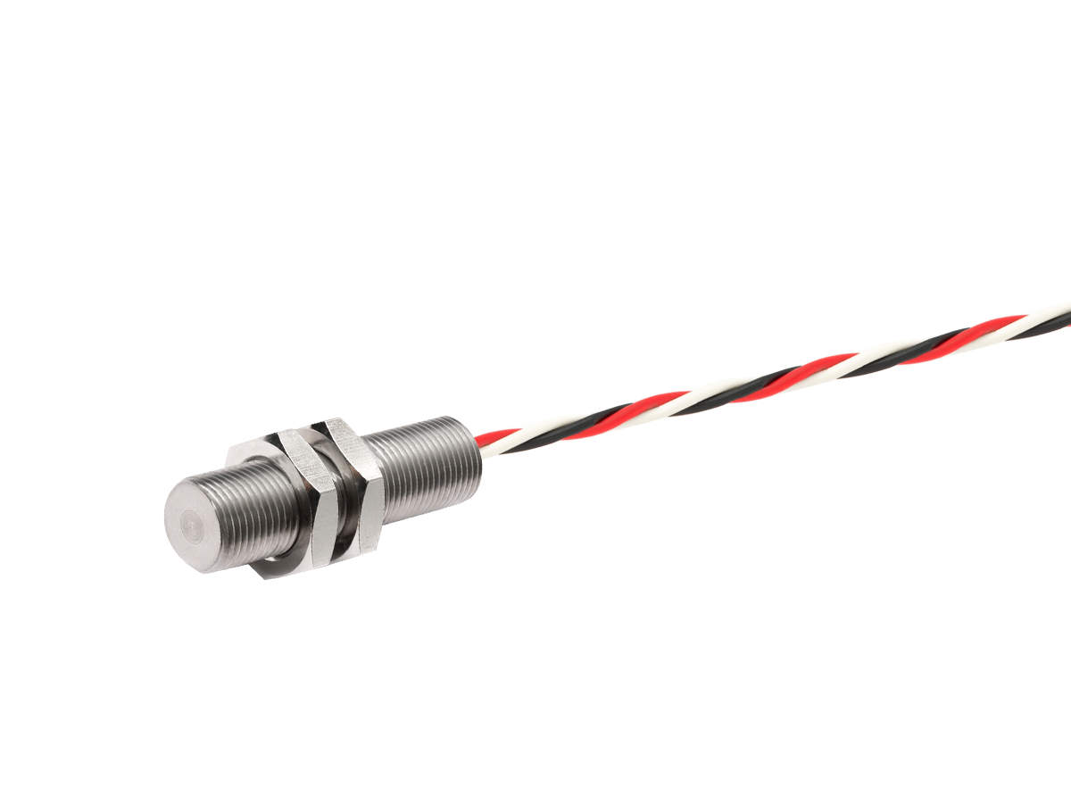 A DSO Series cylindrical metal speed sensor with two nuts, attached to a twisted pair of red, black, and white wires, shown against a white background. by Standex Detect