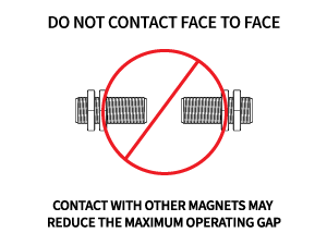 Two magnets facing each other with a red prohibition symbol over them. Text above says, DO NOT CONTACT FACE TO FACE. Below warns contact with other magnets may reduce operating gap of your HS Series Hall Switch. by Standex Detect