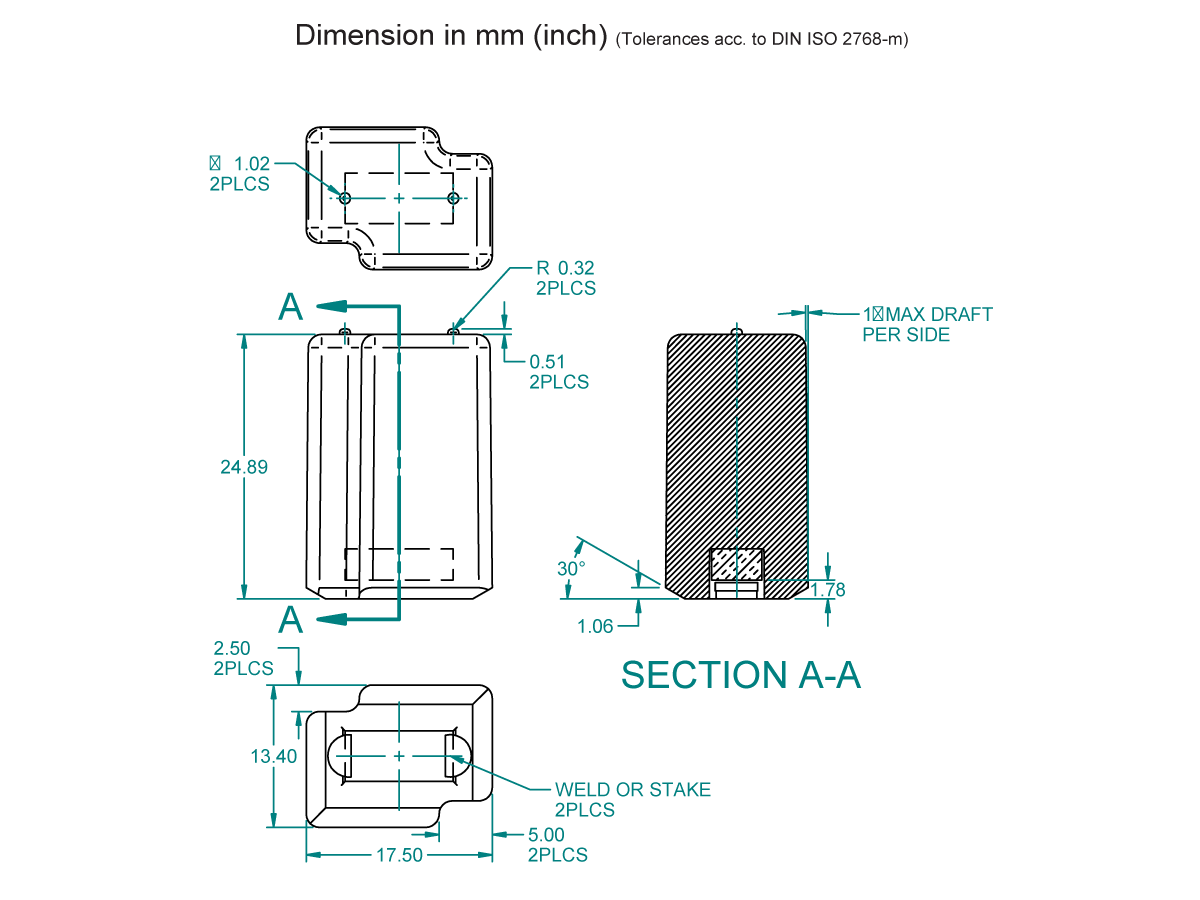 Technical drawing of a B12450 Series rectangular container with top, side, and cross-section views, showing detailed dimensions in millimeters and inches, draft angle, and notes for weld or stake locations for Float Sensor or Magnetic Float installation. by Standex Detect
