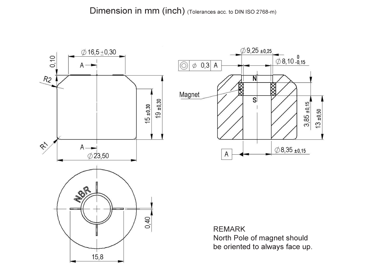 Technical drawing of a cylindrical MS01-NBR Series Magnetic Float assembly with top, sectional, and bottom views, labeled dimensions in mm and inches, cross-section showing N/S poles, and a note to keep the north pole facing up. by Standex Detect