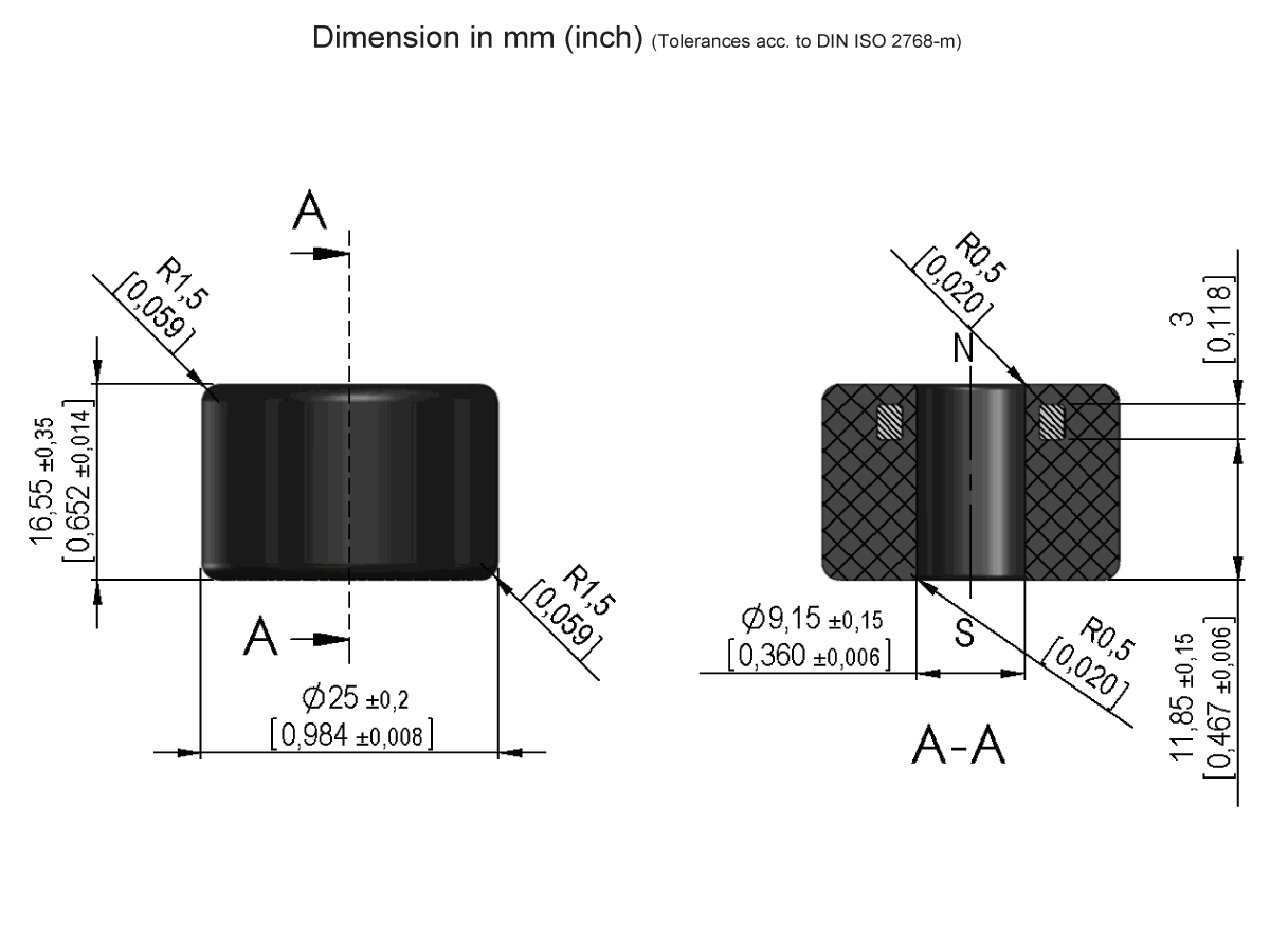Technical drawing of a cylindrical float level sensor (MS01-PA series) with cross-section and front views, annotated in millimeters and inches, including diameters, radii, and tolerances. Dimensions follow DIN ISO 2768-m standards. by Standex Detect