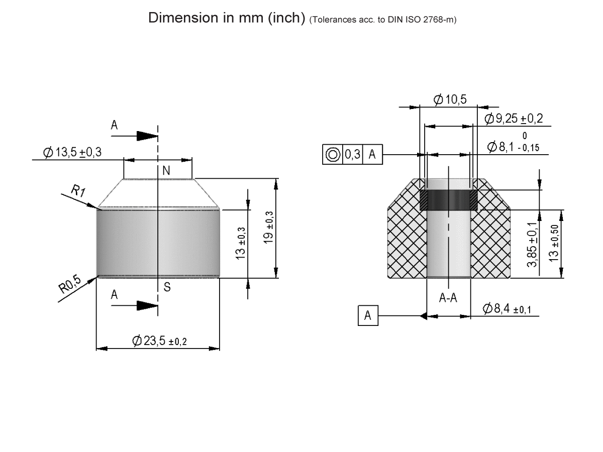 Technical drawing of a cylindrical mechanical part from the MS01-PP Series, featuring section view, tolerances, and labels in millimeters and inches per DIN ISO 2768-m, designed for use as a Magnetic Float or Float Sensor. by Standex Detect