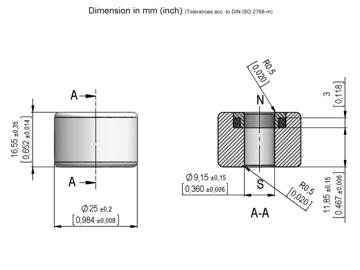 Technical drawing of a cylindrical mechanical part, such as the MS02-PP Series Magnetic Float Sensor, with cross-sectional and side views showing detailed dimensions, tolerances, and notes in millimeters and inches. Section A-A highlights inner features and holes. by Standex Detect