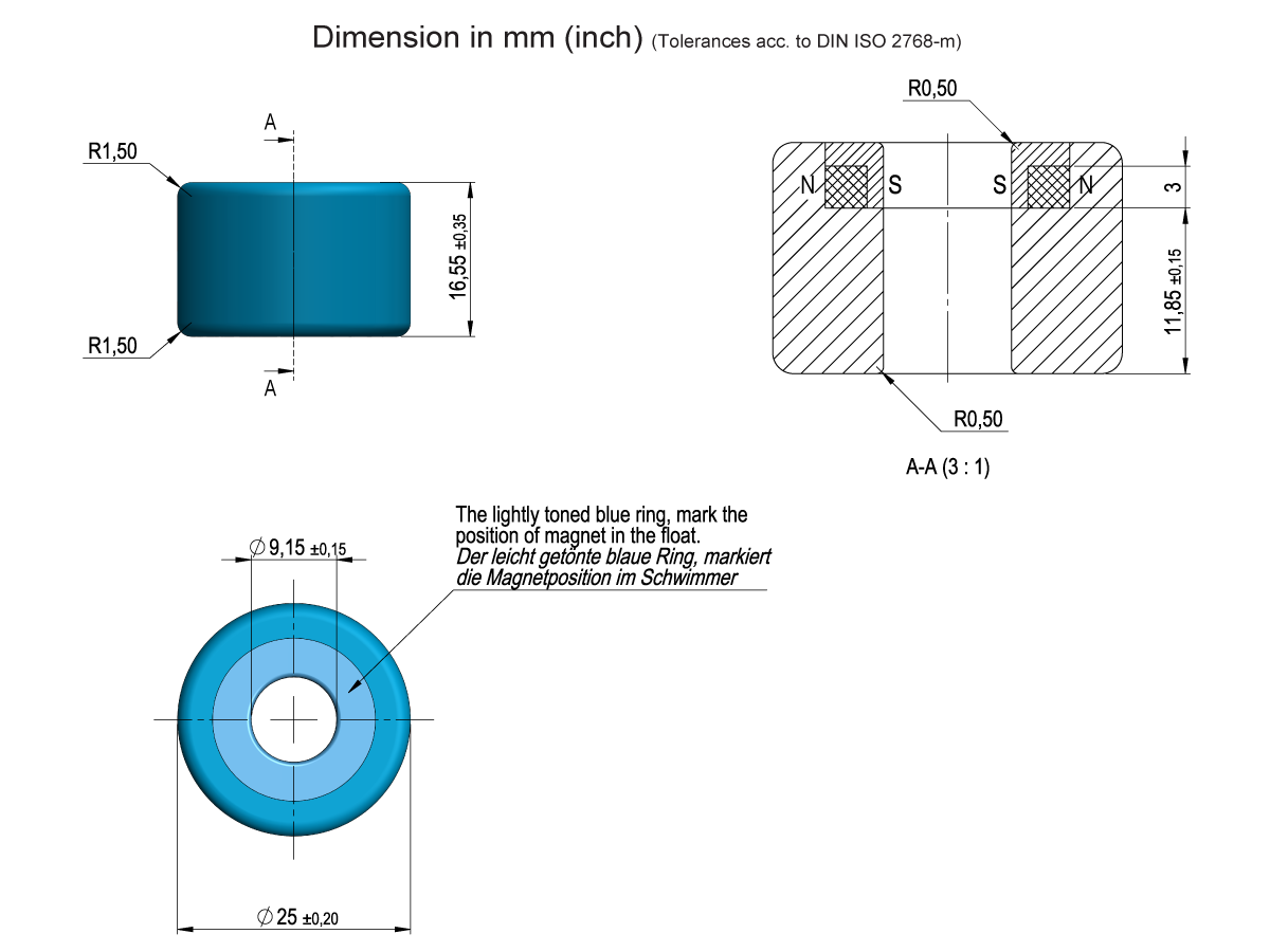 Technical drawing of a cylindrical blue ring from the MS02-PP Series Magnetic Float with dimensions: 16.65 mm diameter, 9.15 mm hole, and 5 mm height. Section A-A shows two slots and a shaded area marking the magnet position. by Standex Detect