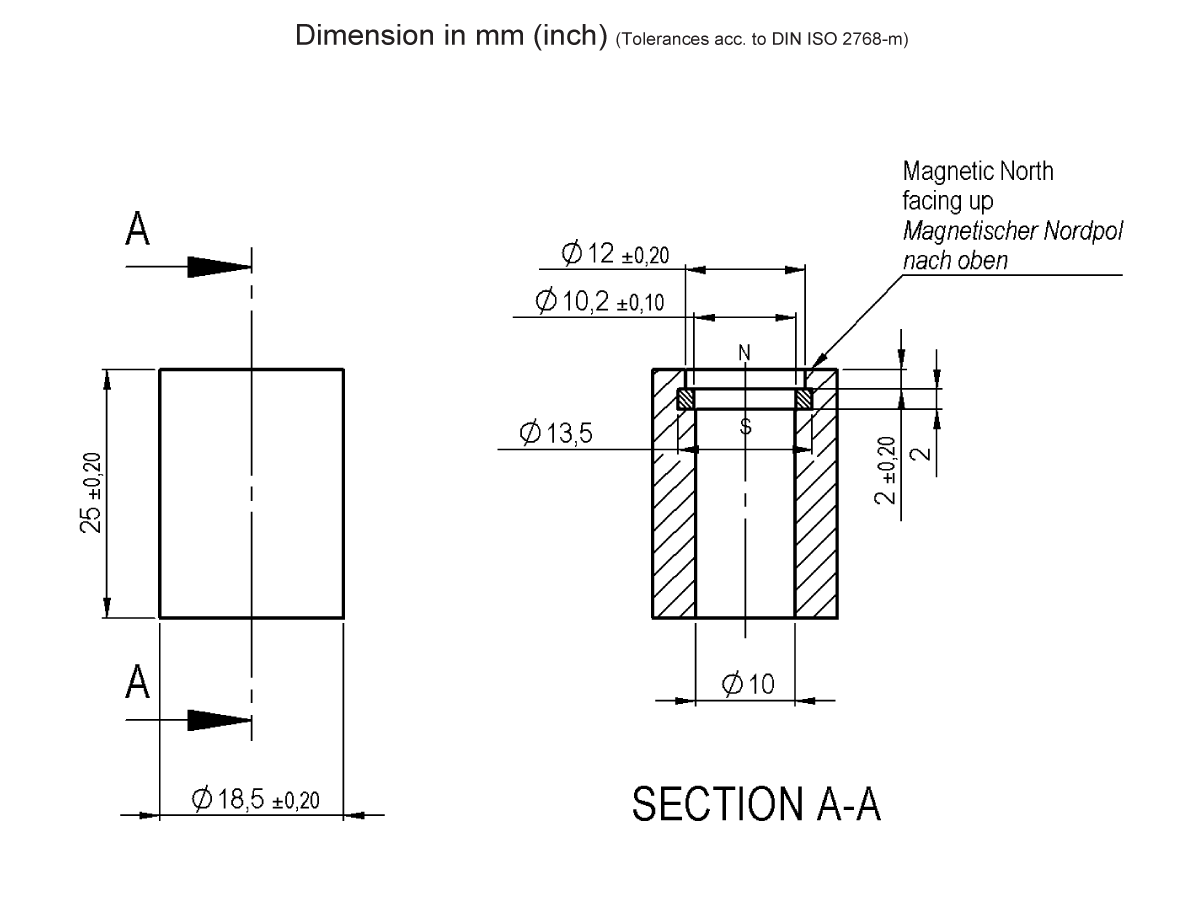 Technical drawing of an MS04-PP Series magnetic float cylindrical component with detailed measurements in millimeters and section view A-A, showing internal features. Text indicates magnetic north facing up. Tolerances and dimensions are specified. by Standex Detect