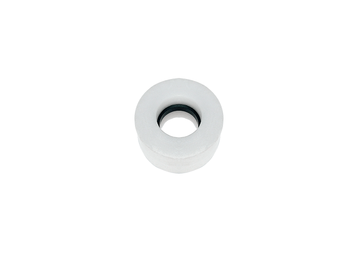A single white skateboard wheel from the MS07-PA Series with a black inner core, viewed from above against a plain white background. by Standex Detect