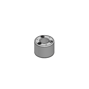 A 3D rendering of a cylindrical mechanical part, part of the MS08-PP Series, featuring a large central hole and three smaller holes evenly spaced around the top surface. by Standex Detect