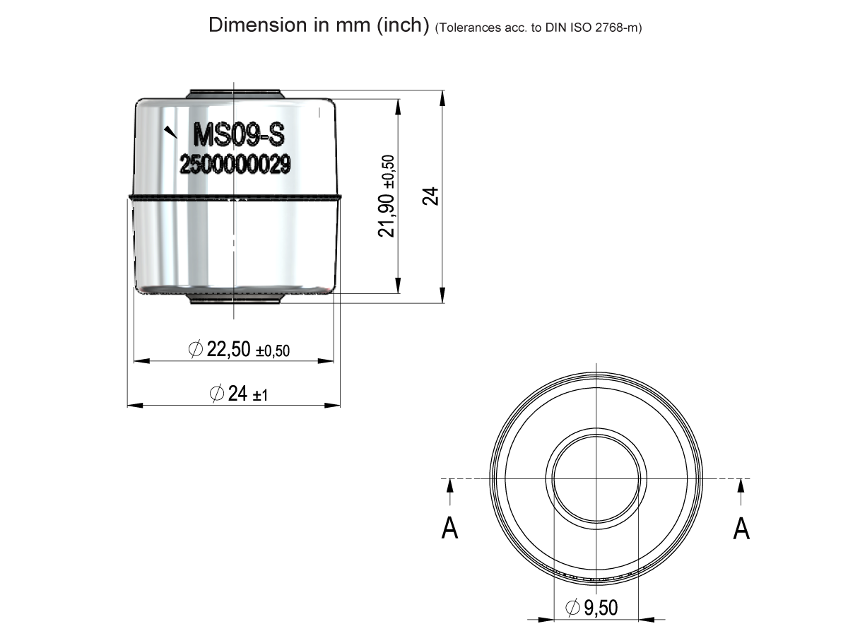 Technical drawing of a cylindrical Magnetic Float labeled “MS09-S 2500000029” from the MS09-S Series, with dimensions: height 24 mm, outer diameter 22.50 mm, and inner diameter 21.90 mm, shown in front and top views with section line A-A. by Standex Detect