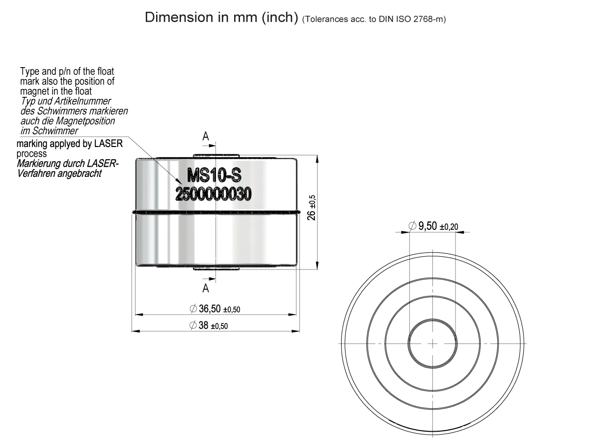 Technical drawing of a Magnetic Float, MS10-S Series (2500000030), cylindrical component: 36.50 mm height, 50.40 mm diameter; includes front/top views with German/English annotation about the markings. by Standex Detect