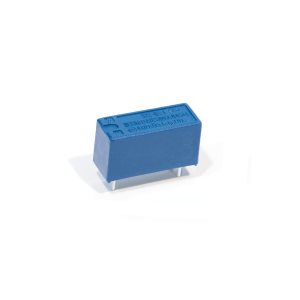A blue rectangular electronic relay component, similar in function to 522 Series Optocouplers, with three metal pins extending from the bottom, placed on a white background. by Standex Detect
