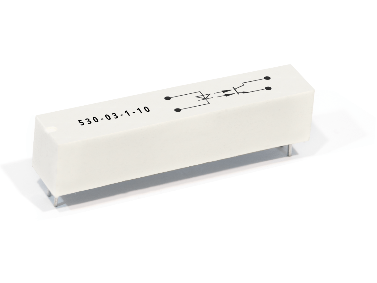 Rectangular white electronic component from the 530-03 Series with black printed circuit symbols and the number 530-03-1-10 on its surface. The component, often used in optocouplers, features metal pins for mounting on a circuit board. by Standex Detect