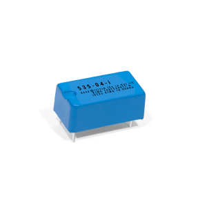 A blue rectangular electronic component from the 535 Series Optocouplers, featuring four metal pins and black printed text on its top surface, set against a white background. by Standex Detect