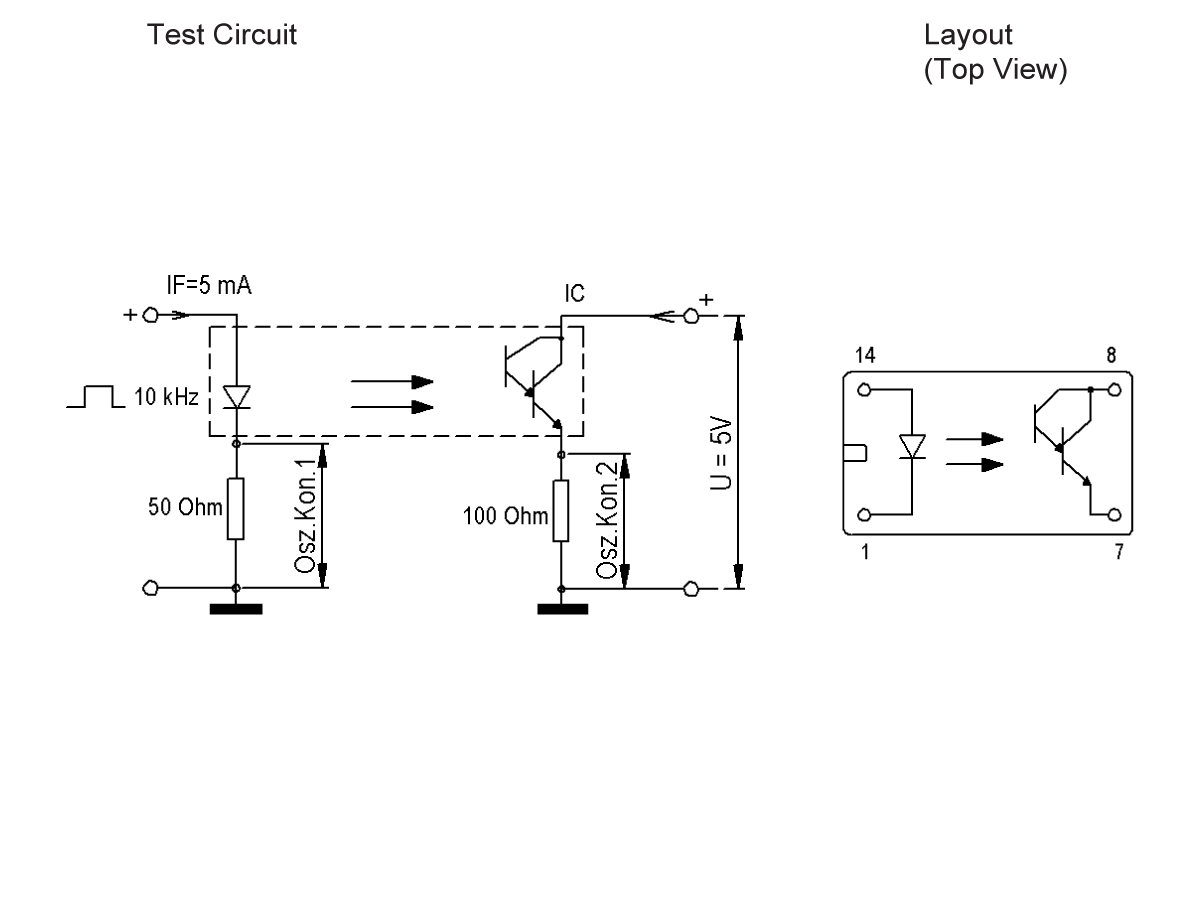 Diagram showing a test circuit and top view layout for 535 Series Optocouplers. The circuit uses a 10 kHz input, 50 Ohm and 100 Ohm resistors, a 5V supply, and shows connections to optocoupler pins. by Standex Detect