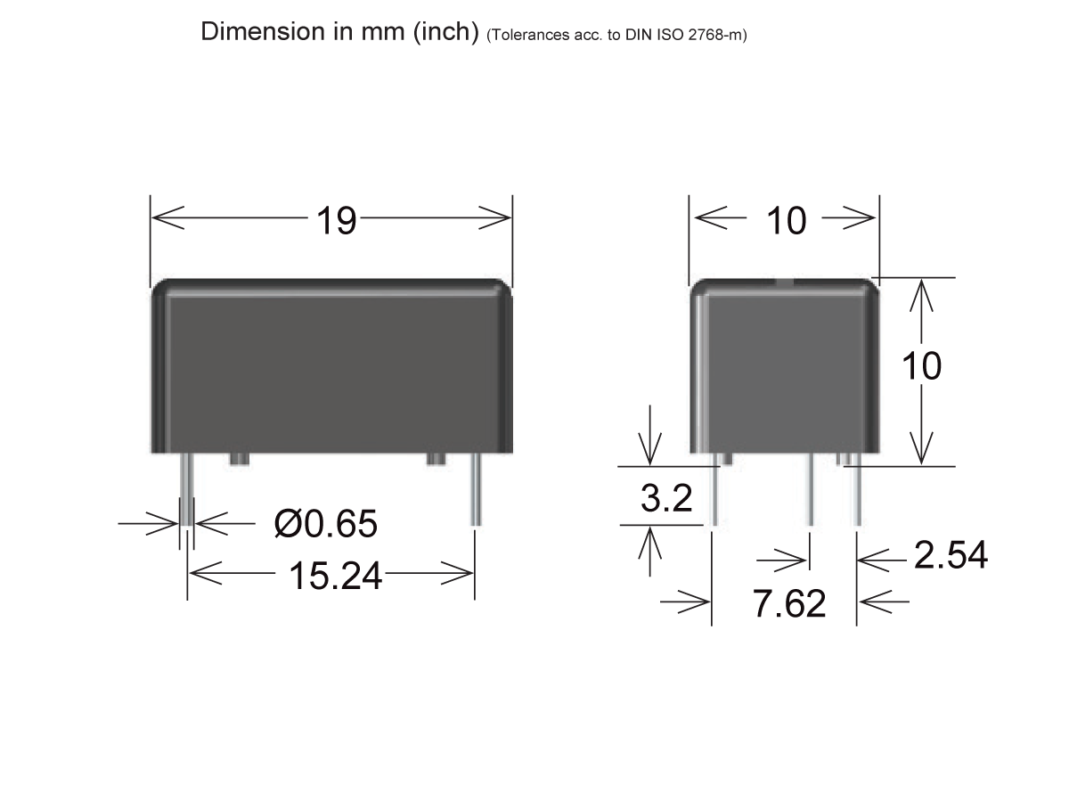 Technical drawing of a rectangular 567 Series Optocoupler, sized 19mm x 10mm x 10mm. Pin spacing and measurements are detailed: 15.24mm, 7.62mm, 2.54mm, 3.2mm, with a 0.65mm pin diameter, suitable for optocouplers applications. by Standex Detect