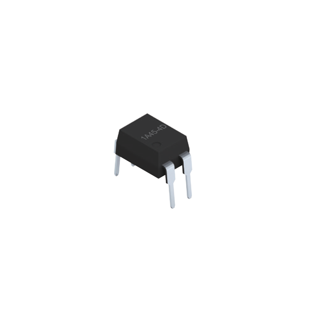 A small black SMD electronic component with four metal pins, likely an integrated circuit (IC) or Photo-MOSFET Relay, is shown isolated on a white background. by Standex Detect
