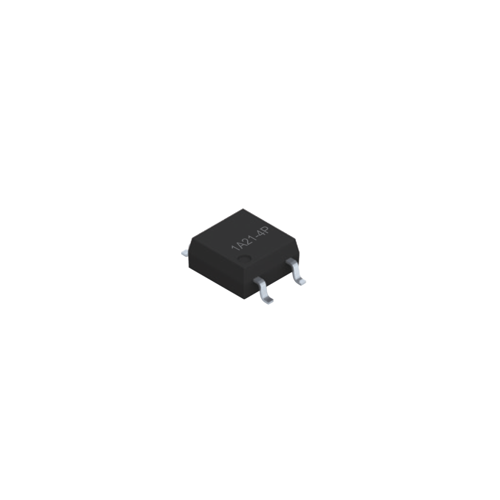 A small black SMD integrated circuit chip with four silver pins on each side, labeled 14214P, shown on a white background—ideal for use in Photo-MOSFET Relays applications. by Standex Detect