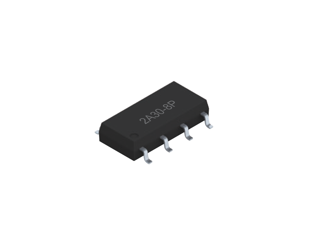 A black 8-pin integrated circuit chip labeled 2A39-8P, commonly used as a Photo-MOSFET Relay, with four metal pins on each side, shown on a white background. by Standex Detect
