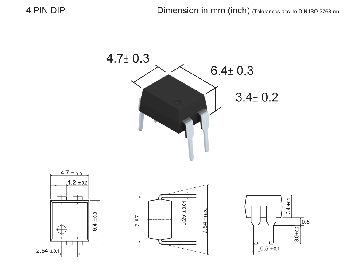 Technical drawing of an SMP-31 Photo-MOSFET Relay in a 4-pin DIP package, showing its 3D view and three 2D diagrams with labeled dimensions: 4.7 mm × 6.4 mm × 3.4 mm, with tolerances per DIN ISO 2768-m. by Standex Detect