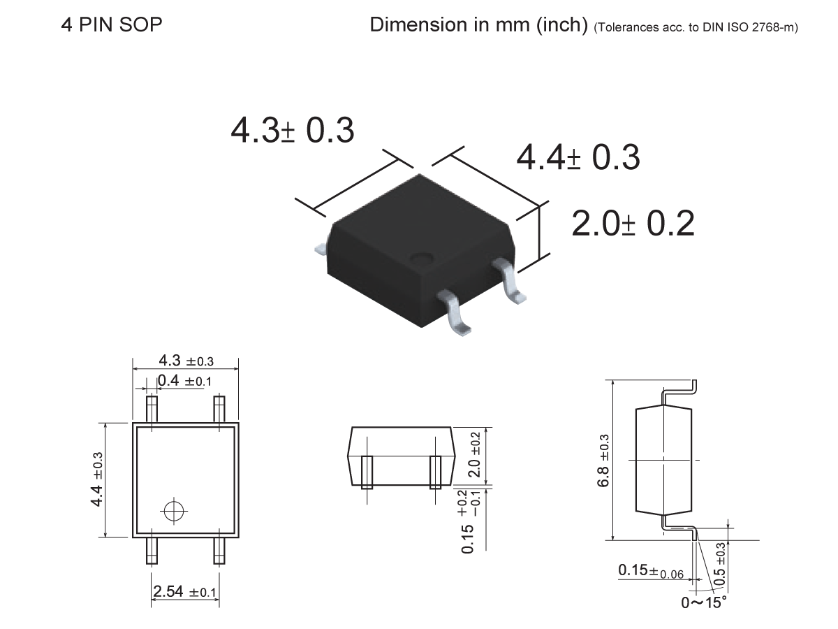 The SMP-37 Photo-MOSFET Relay features a 4-pin SOP package, measuring 4.3±0.3 mm wide, 4.4±0.3 mm long, and 2.0±0.2 mm high, with detailed top, side, and front technical drawings for precise installation. by Standex Detect