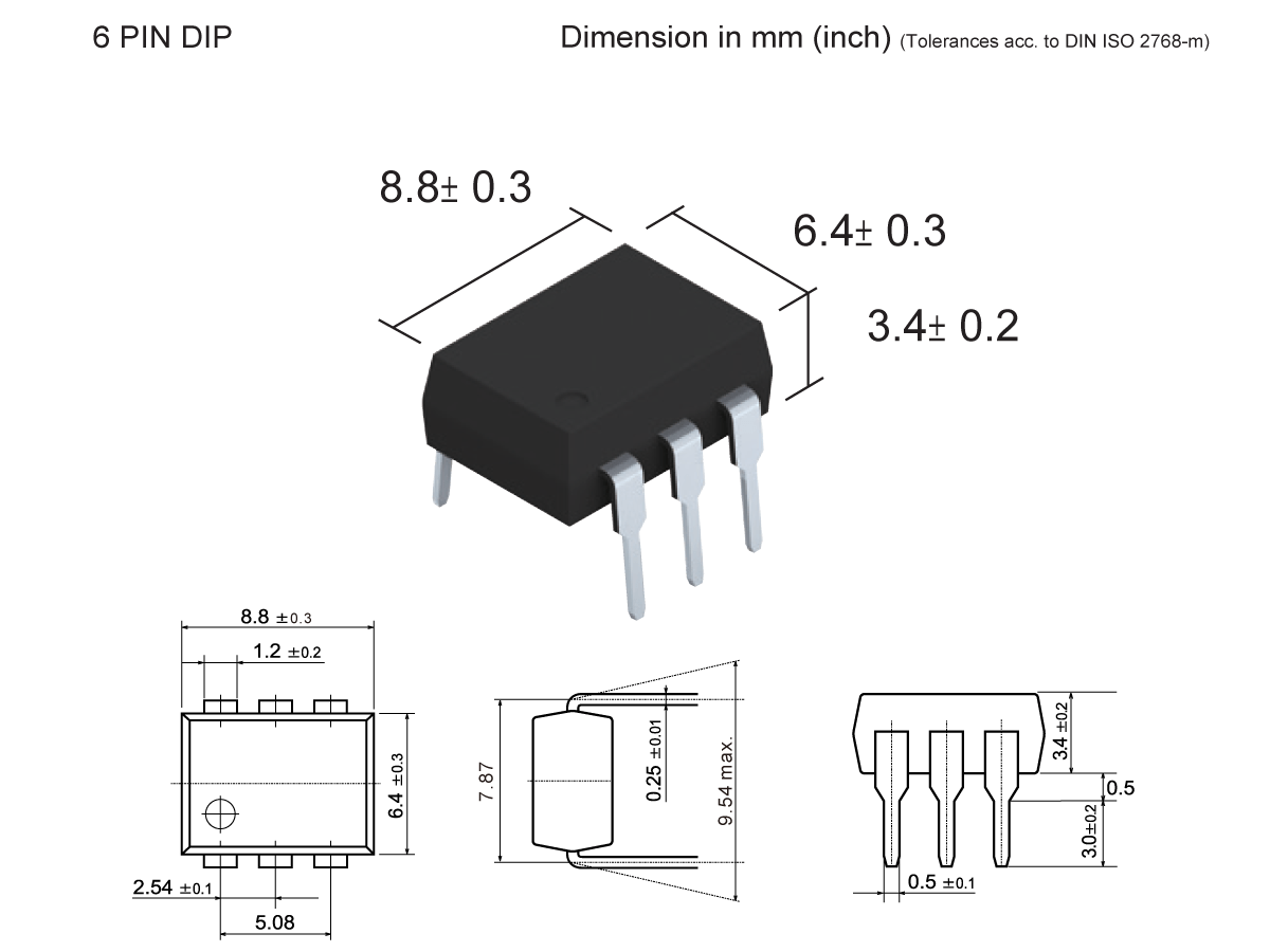 A 6-pin dual in-line package (DIP) Photo-MOSFET Relay, SMP-37, with labeled dimensions: 8.8 x 6.4 x 3.4 mm. Includes 3D and technical drawings showing measurements and pin spacing. by Standex Detect