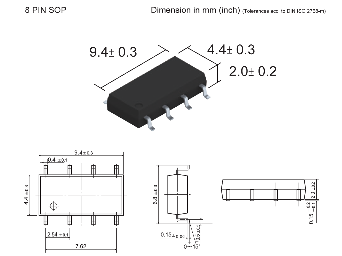 Diagram of an 8-pin SOP (Small Outline Package) MOSFET Relay, labeled as SMP-38, with dimensions: 9.4 ± 0.3 mm length, 4.4 ± 0.3 mm width, and 2.0 ± 0.2 mm height. Technical drawings are shown below. by Standex Detect