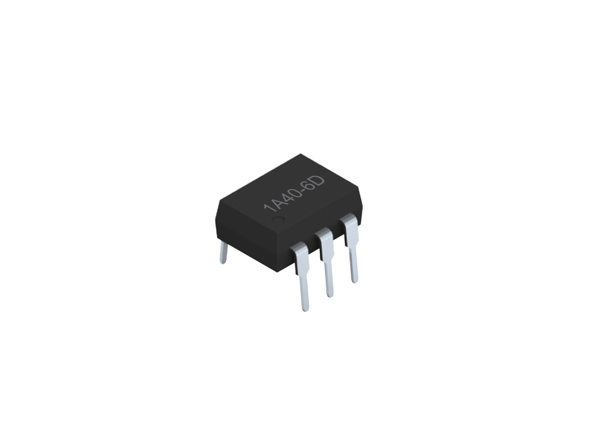 A black SMP-40 integrated circuit chip, often used in Photo-MOSFET Relay applications, with four metal pins on each side is displayed on a white background. The top of the chip is labeled 1A406D. by Standex Detect