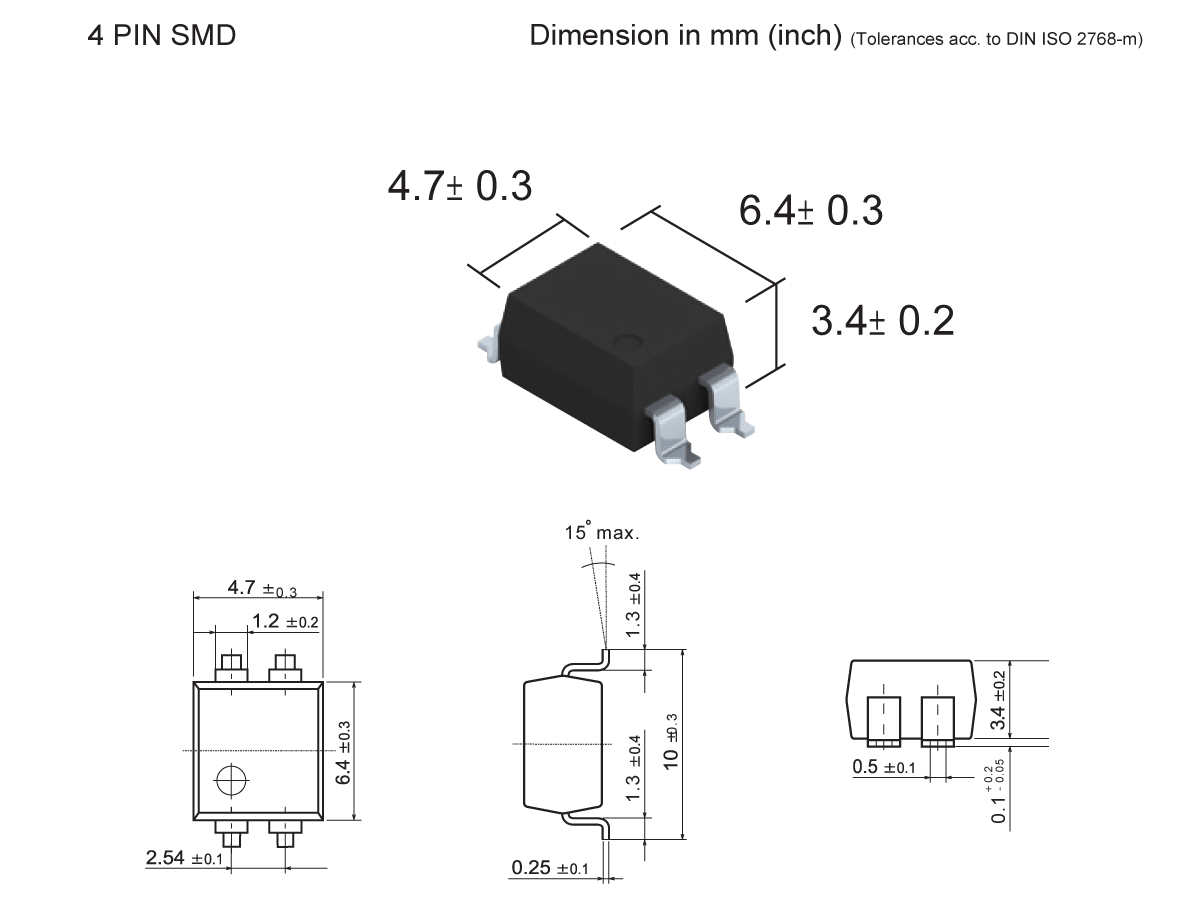 Technical diagram of a 4-pin SMP-42 Photo-MOSFET Relay, showing dimensions (4.7 ± 0.3 mm x 6.4 ± 0.3 mm x 3.4 ± 0.2 mm) with top, side, and front views including detailed measurements. by Standex Detect