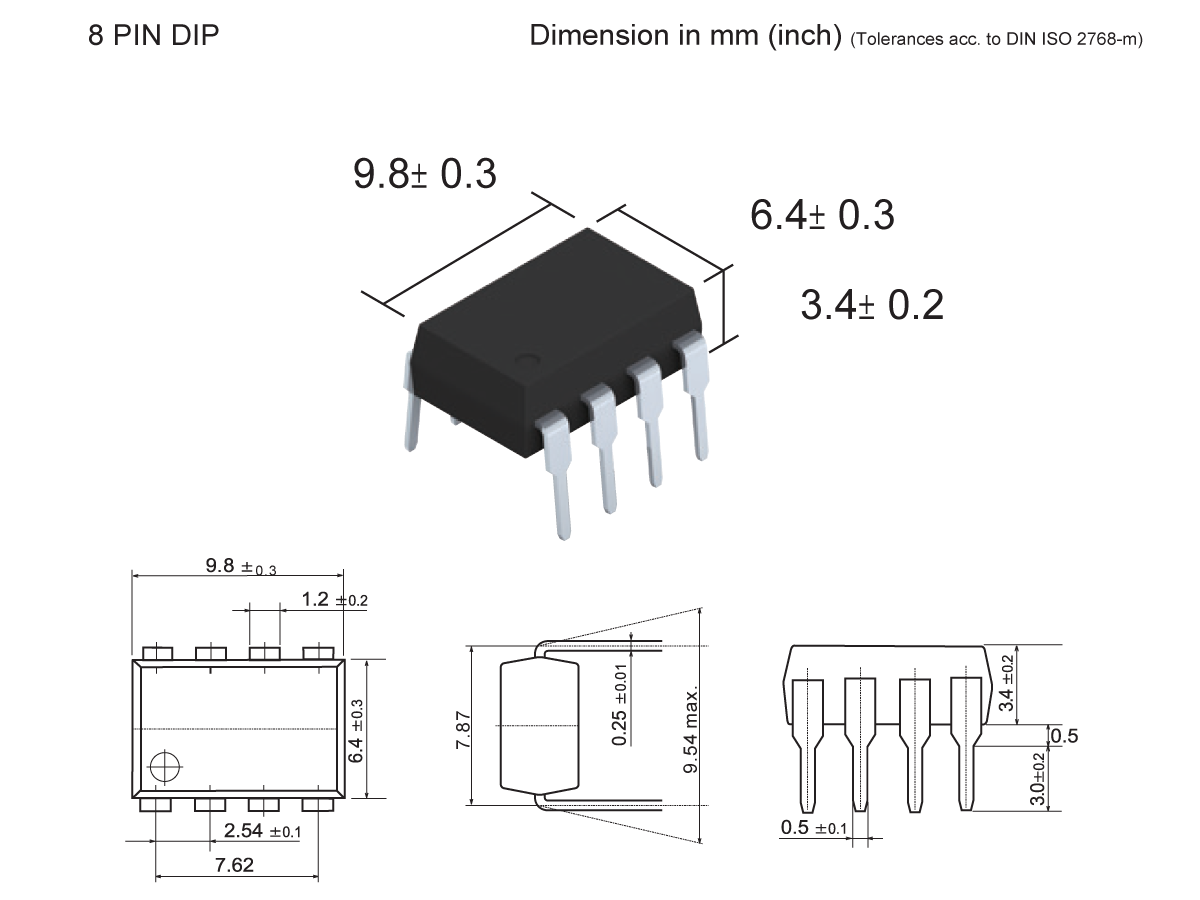 Technical drawing and 3D illustration of an SMP-42 8-pin DIP (Dual In-line Package) MOSFET relay, showing its dimensions in millimeters and inches, with detailed front, top, and side views. by Standex Detect