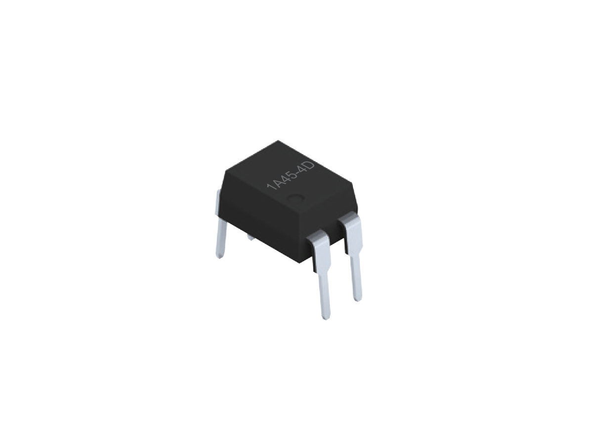 A small black electronic component, possibly a SMP-45 Photo-MOSFET Relay, with four metal legs and the marking 1A654D on top, isolated on a white background. by Standex Detect
