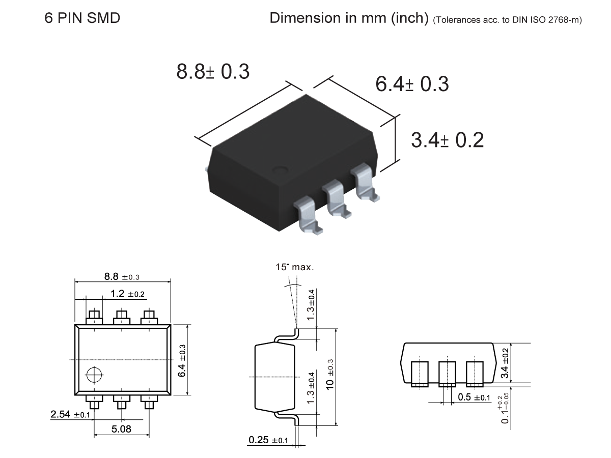 Technical drawing and 3D illustration of a 6-pin SMP-45 MOSFET Relay component with labeled dimensions in millimeters and inches, showing top, front, and side views along with pin and body measurements. by Standex Detect
