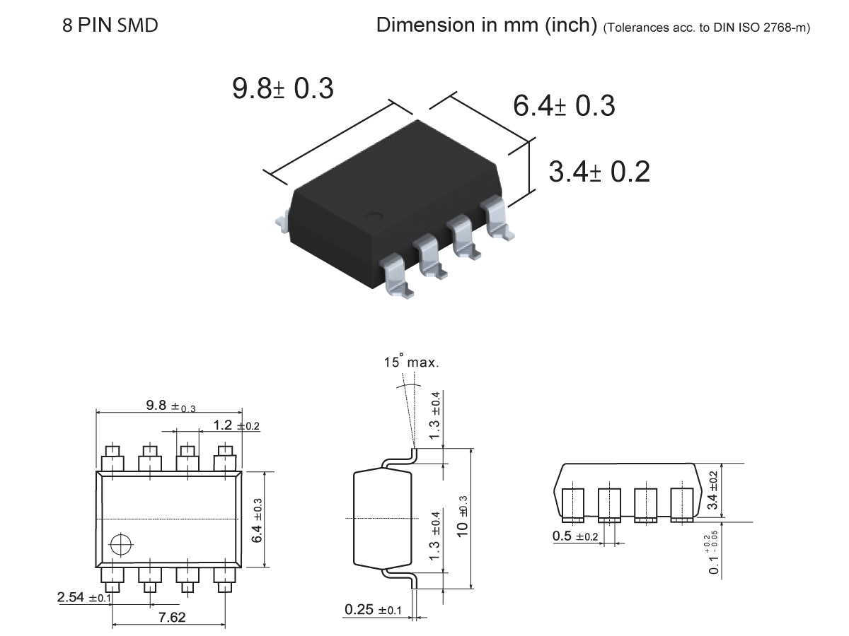 Technical drawing and 3D view of an 8-pin SMD MOSFET Relay (SMP-74) with labeled dimensions in millimeters—length (9.8 mm), width (6.4 mm), height (3.4 mm)—plus detailed pin spacing for precise component placement. by Standex Detect