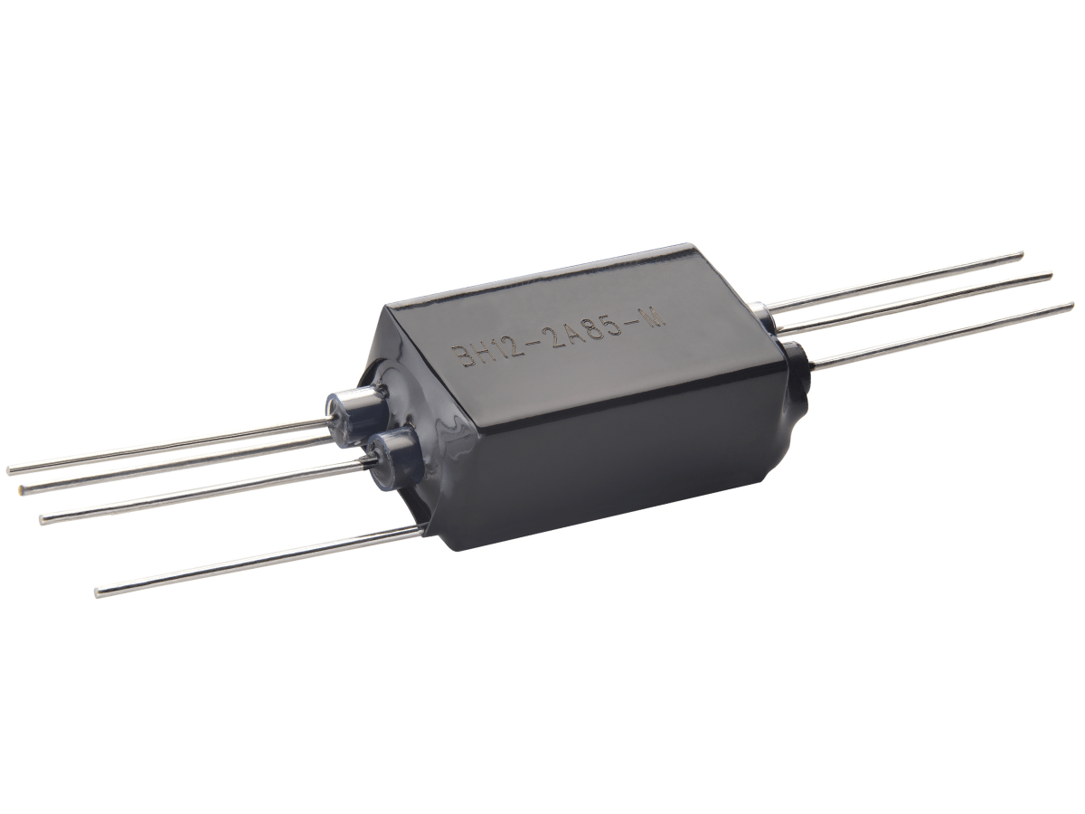 A black rectangular BH Series Reed Relay electronic component with six metal leads extending outward, three on each side. The casing has alphanumeric markings printed on top. by Standex Detect
