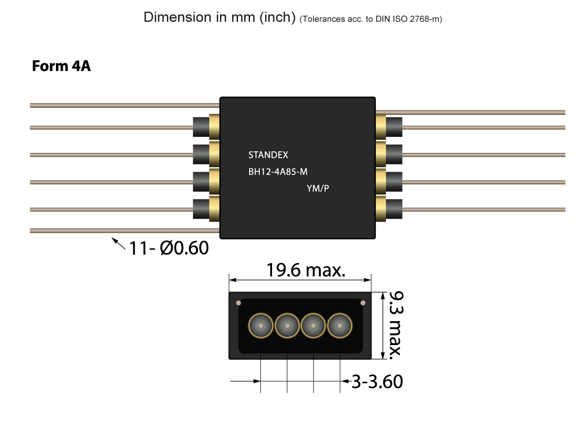 Diagram of a BH Series Reed Relay labeled STANDEX BH12-4A85-M YM/P with 8 pins, showing top and front views. Dimensions are 19.6 mm by 9.3 mm, with 11 pins of 0.6 mm diameter. by Standex Detect