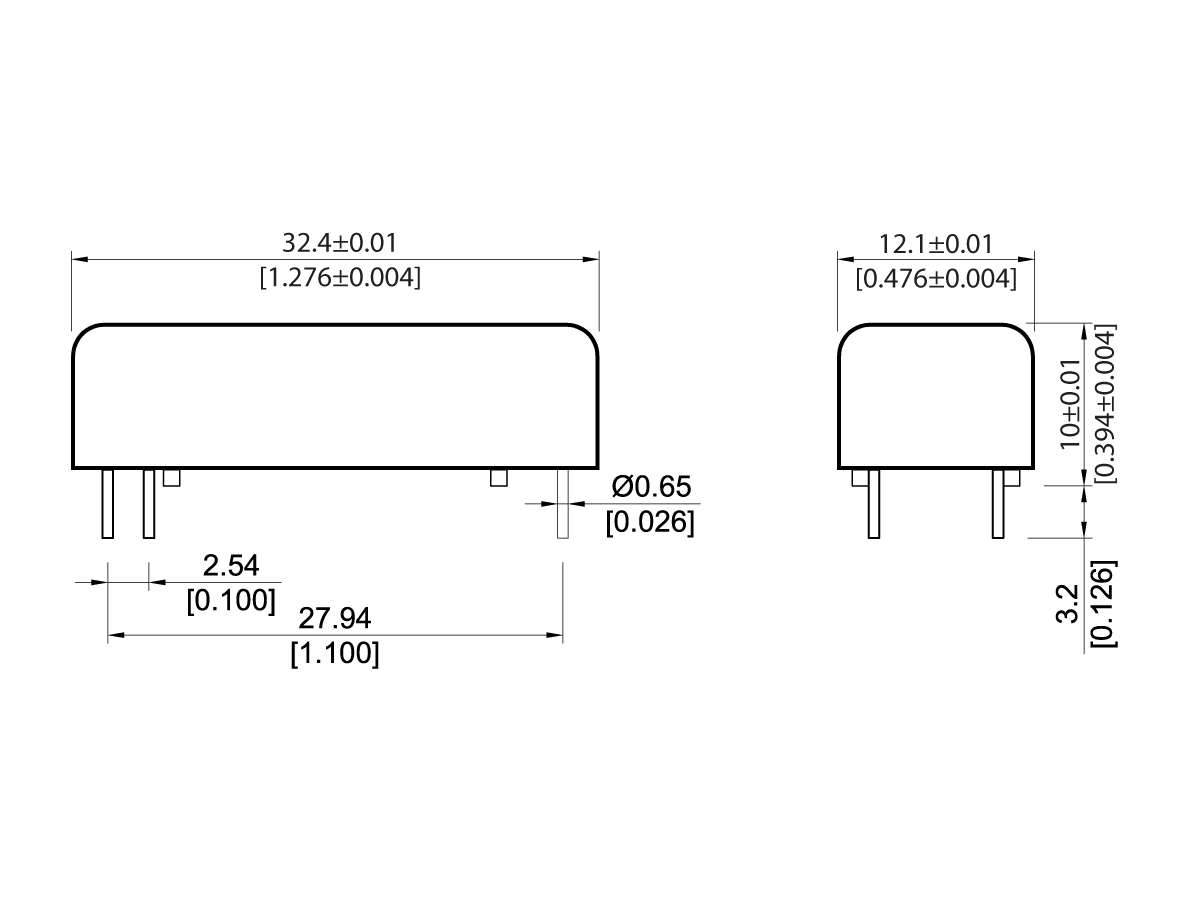 Technical drawing of a rectangular Reed Relay component (BT Series) with four pins, showing front and side views. Dimensions in millimeters and inches include length 32.4 mm, width 12.1 mm, and pin spacings clearly labeled. by Standex Detect