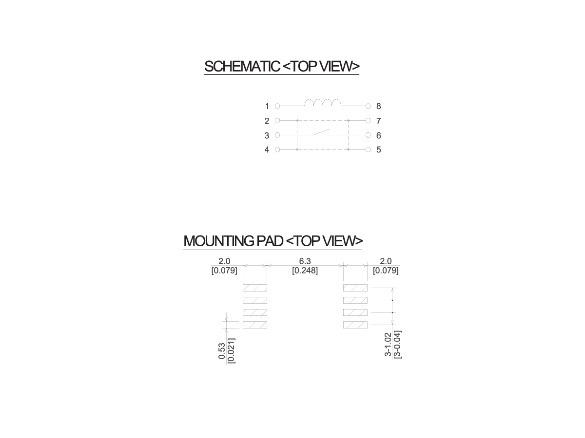 Two diagrams: the top shows a C Series Reed Relay electronic schematic with numbered pins and an inductor symbol; the bottom shows a top view of a mounting pad with measurements in millimeters and inches. by Standex Detect