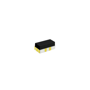 A small rectangular electronic component from the CRF Series with a black top, white sides, and yellow markings on the sides, isolated on a white background&mdash;ideal for reed relay applications. by Standex Detect