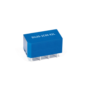 A blue rectangular DIL Series Reed Relay electronic component with four metal pins and white text DIL05-2C90-62L printed on top, shown on a white background. by Standex Detect